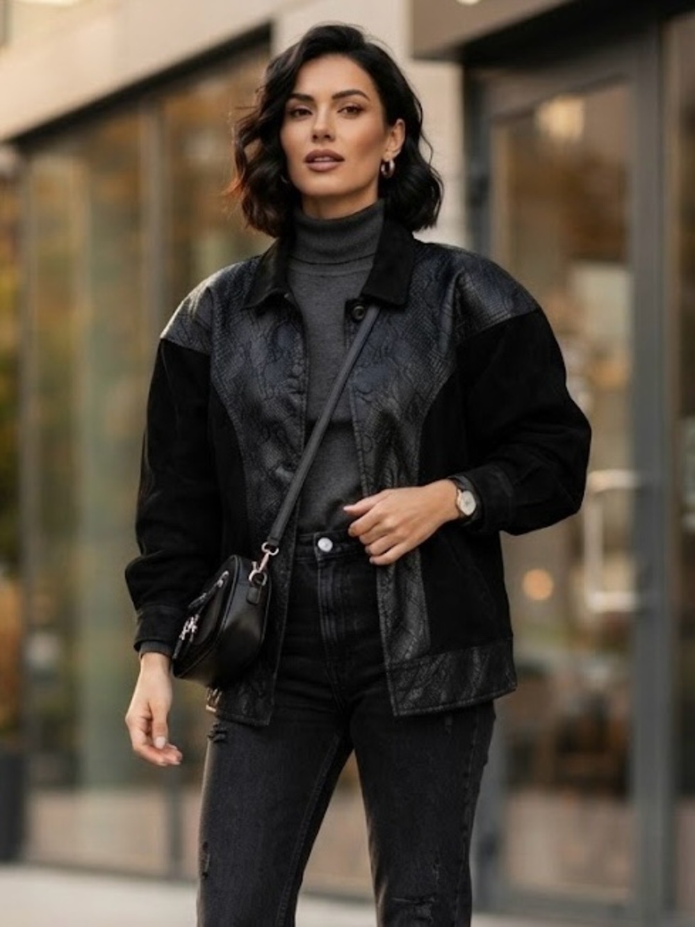 Paris Sport Club Black Suede Snake Embossed Leather Jacket Y2K Moto Grunge Rock